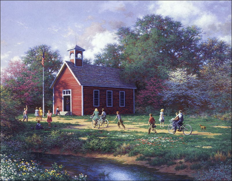 school days of old, children, bicycle, creek, bell, trees, clouds, yard, flagpole, schoolhouse, puppy, HD wallpaper