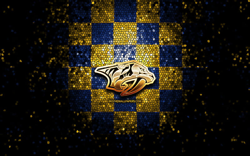 Nashville Predators, glitter logo, NHL, yellow blue checkered background, USA, american hockey team, Nashville Predators logo, mosaic art, hockey, America, HD wallpaper