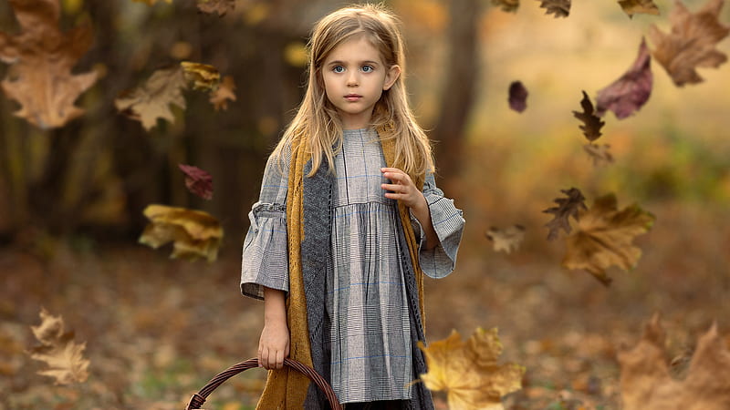 Beautiful Child Girl With Gray Dress And Falling Leaves On Side Cute, HD wallpaper