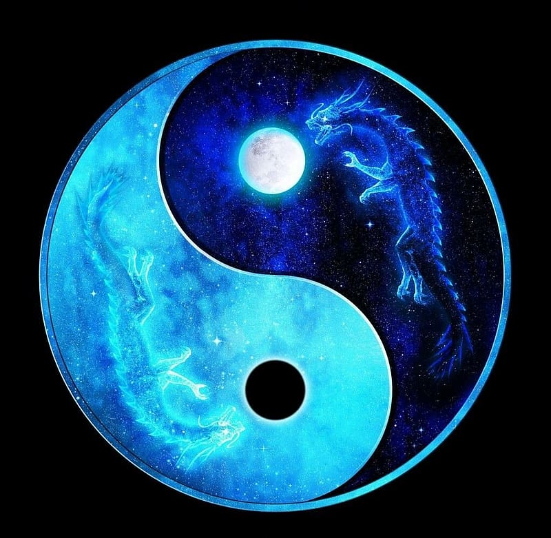 Yin Yang, blue, fantasy, moon, luna, dragon, minimalism, HD wallpaper