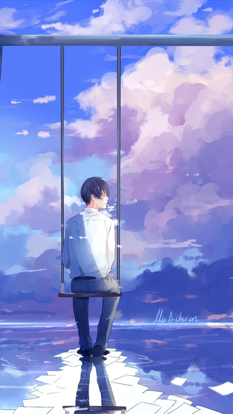 Alone Boy, Swing, anime, pink sky, animation, HD phone wallpaper