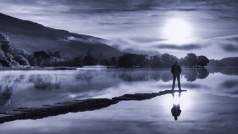 lonely man, lake, darkness, reflection, mist, Landscape, HD wallpaper