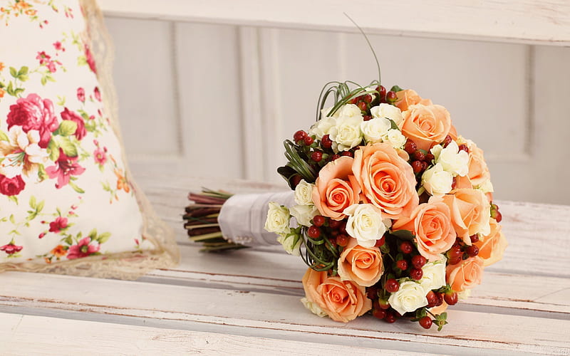 bride's bouquet, orange roses, wedding bouquet, HD wallpaper