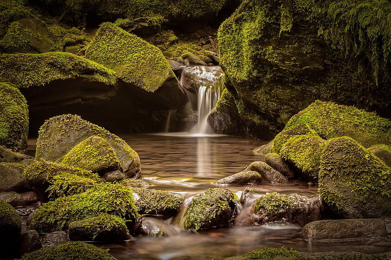 Mossy Rock Stream Waterfall, Waterfalls, Streams, Forests, Moss, Rocks, Nature, HD wallpaper