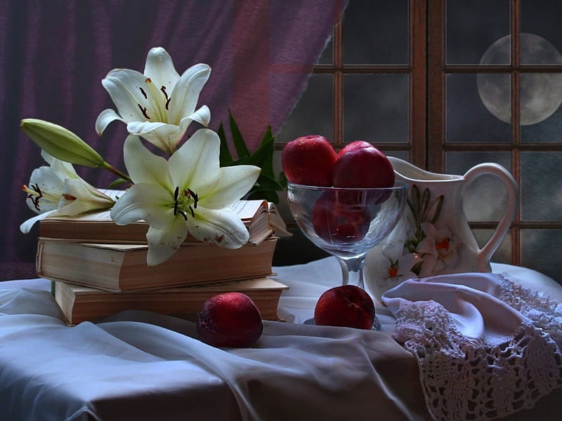 Still Life, nectarines, books, pitcher, moon, texture, flowers, lily, night, HD wallpaper