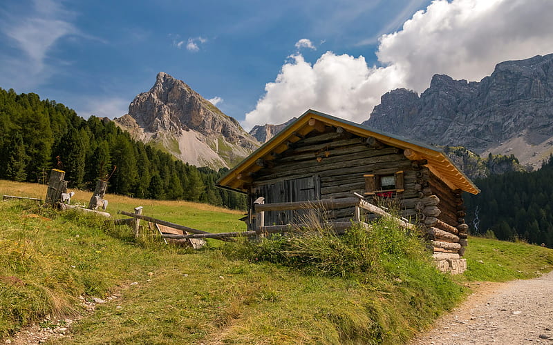 Alps, mountain wooden house, summer, green grass, mountain landscape, green meadow, Italy, HD wallpaper