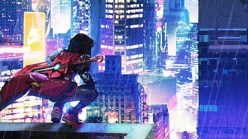 Warrior Girl in Cyberpunk City, HD wallpaper