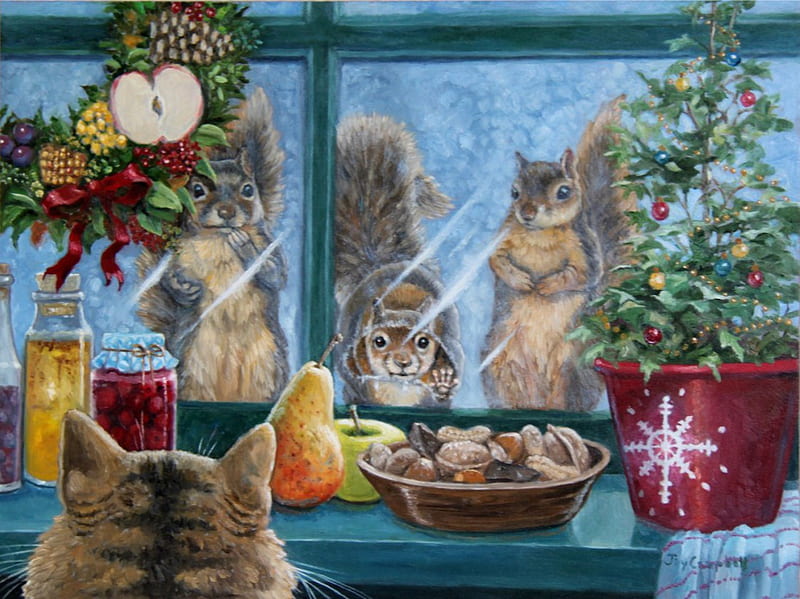 Christmas Goodies, goodies, window, christmas, squirrels, peeping, HD wallpaper