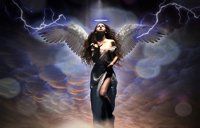 Dark Angel, lightning, clouds, girl, art, wings, digital, HD wallpaper |  Peakpx