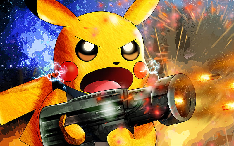 Pikachu, gun, Pokemon, chubby rodent, weapon, HD wallpaper