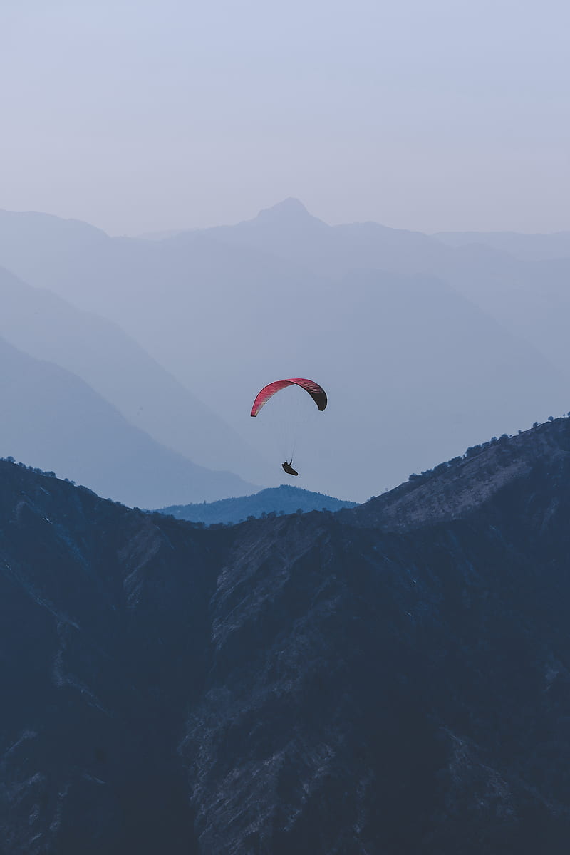 paraglider, flight, mountains, fog, HD phone wallpaper