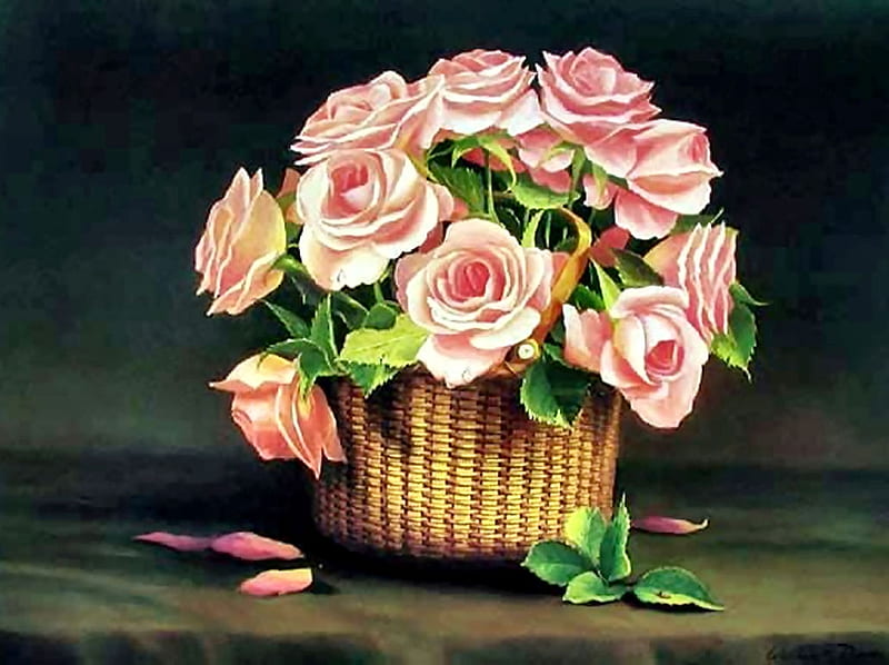 Nantucket Basket of Pink Roses F, art, Nantucket Basket, romance, bonito, roses, artwork, floral, love, painting, wide screen, flower, beauty, HD wallpaper