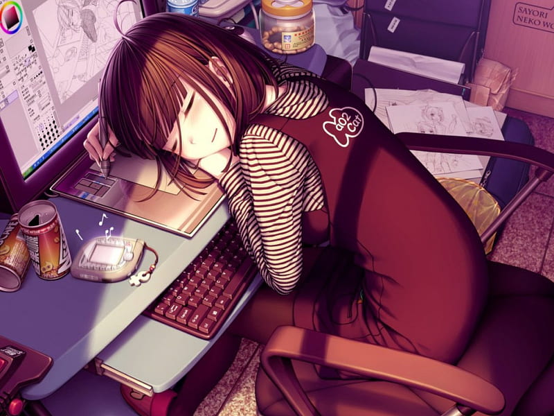 Sayori sleeping, computer, sleeping, cute girl, black hair, HD ...