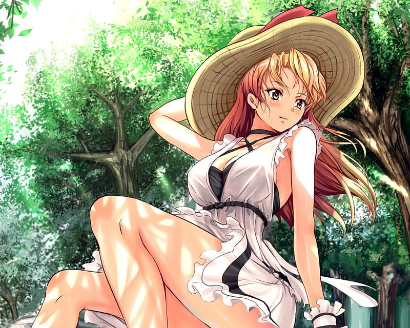 Still Waiting for You, dress, bonito, anime, hot, beauty, anime girl, long hair, female, sexy, hat, cute, sit, girl, sitting, lady, sundress, maiden, HD wallpaper