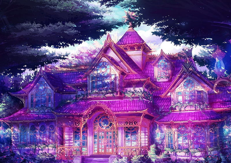 Anime Mansion, pretty, cottages, house, lovely, home, bonito, sweet, building, nice, purple, anime, mansion, beauty, pink, HD wallpaper