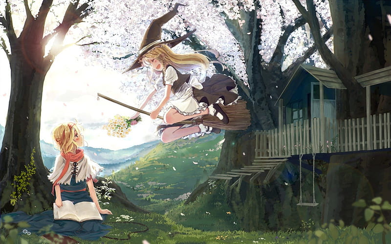 Flowers For Alice!!, witch, kirisame marisa, book, alice margatroid, trees, broom, cherry blossoms, fantasy, anime, touhou, flowers, friends, HD wallpaper