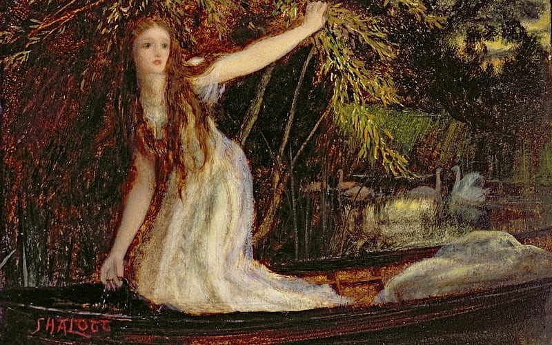 Lady of Shallot, art, boat, girl, painting, arthur hughes, pictura, HD wallpaper