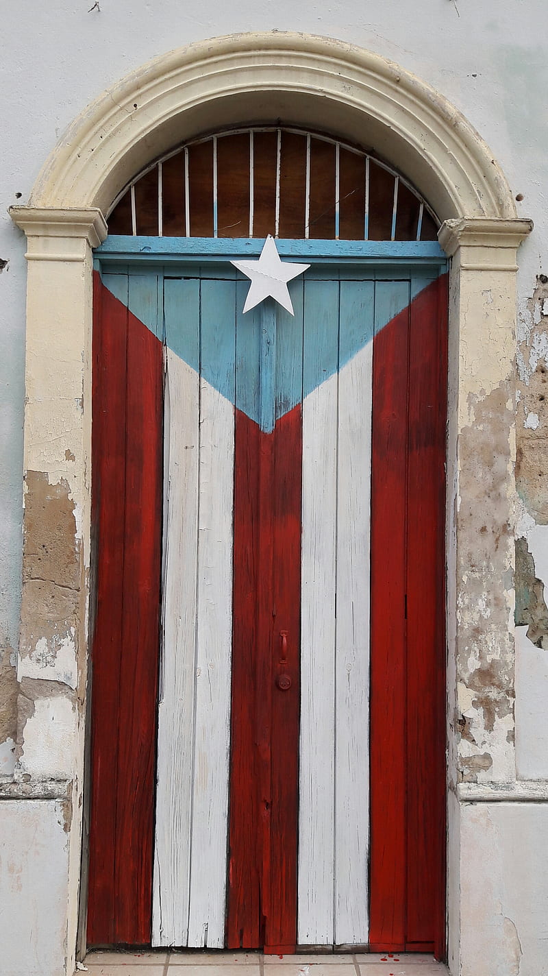 Que bonita bandera, blue, building, door, flag, puerto rico, red, star, white, HD phone wallpaper
