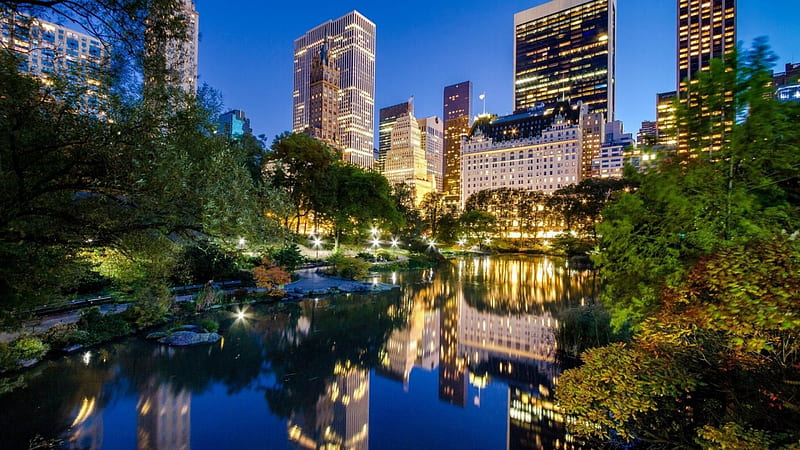 Central Park, new york, manhattan, lake, lights, night, HD wallpaper