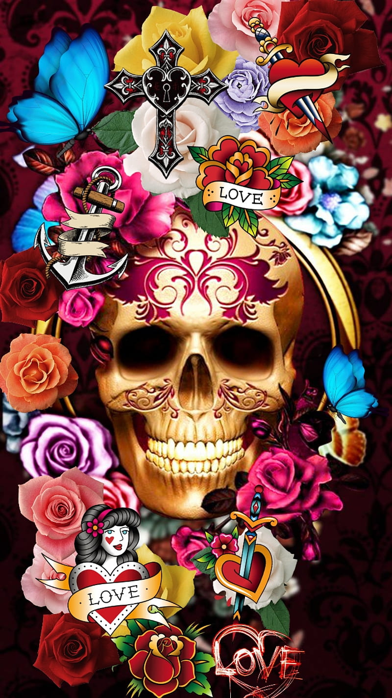 Grim, day, dead, flowers, corazones, love, reaper, roses, skull, sugar, sword, HD phone wallpaper