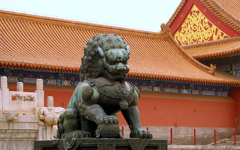 Forbidden City, Beijing, China, Lion, Statue, Bronze, China, HD wallpaper