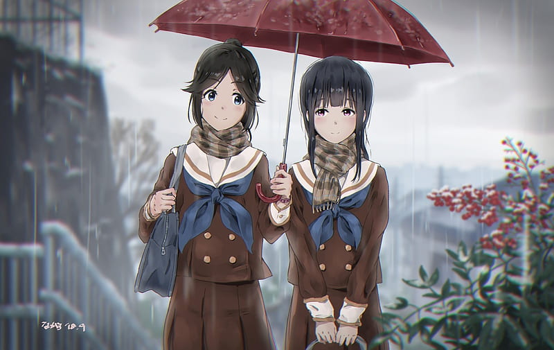 hibike euphonium, yoroizuka mizore, kasaki nozomi, raining, school uniform, walking, Anime, HD wallpaper