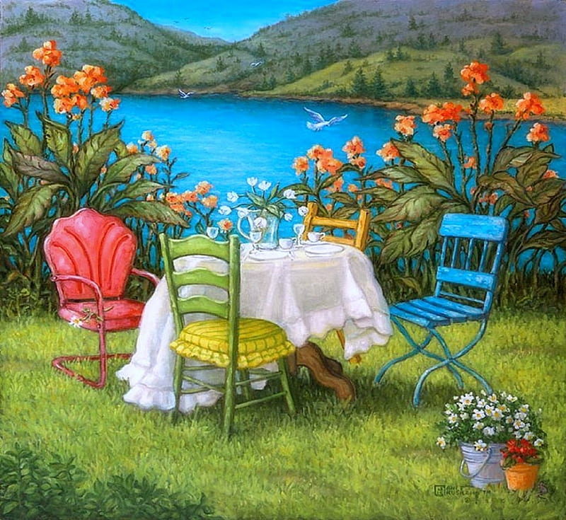 ★Table for Four at Lake★, getaways, pretty, grass, attractions in dreams, bonito, paintings, chairs, flowers, lakes, tables, lovely, romantic, colors, love four seasons, places, creative pre-made, gardens, nature, relaxing, HD wallpaper