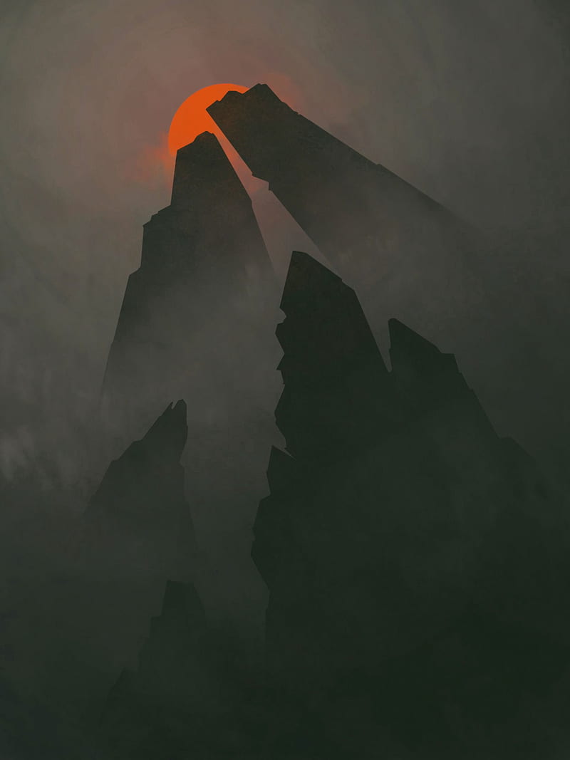 art, gloomy, fog, rocks, the sun, HD phone wallpaper