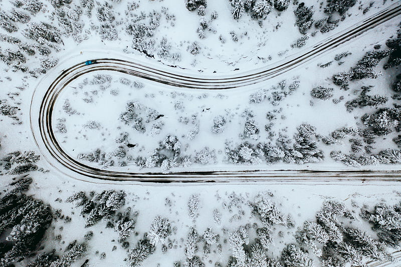 road, turn, top view, snow, winter, HD wallpaper