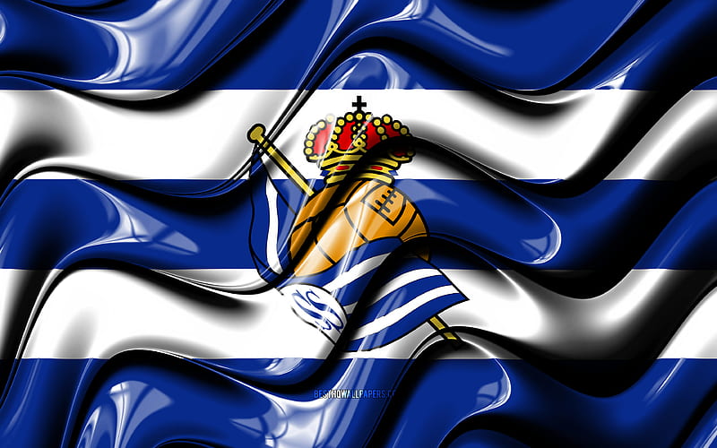 Real Sociedad flag blue and white 3D waves, LaLiga, spanish football club, Real Sociedad FC, football, Real Sociedad logo, La Liga, soccer, Real Sociedad, HD wallpaper