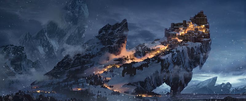 Landscape, Winter, Fantasy, Night, Snow, City, Mountain, HD wallpaper