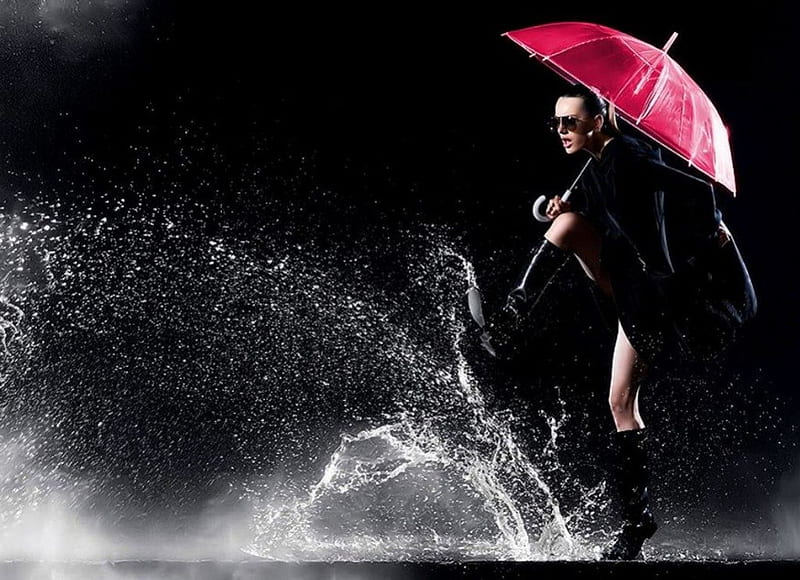 Courageously in the rain, red, boots, umbrella, rain, woman, long legs, HD wallpaper
