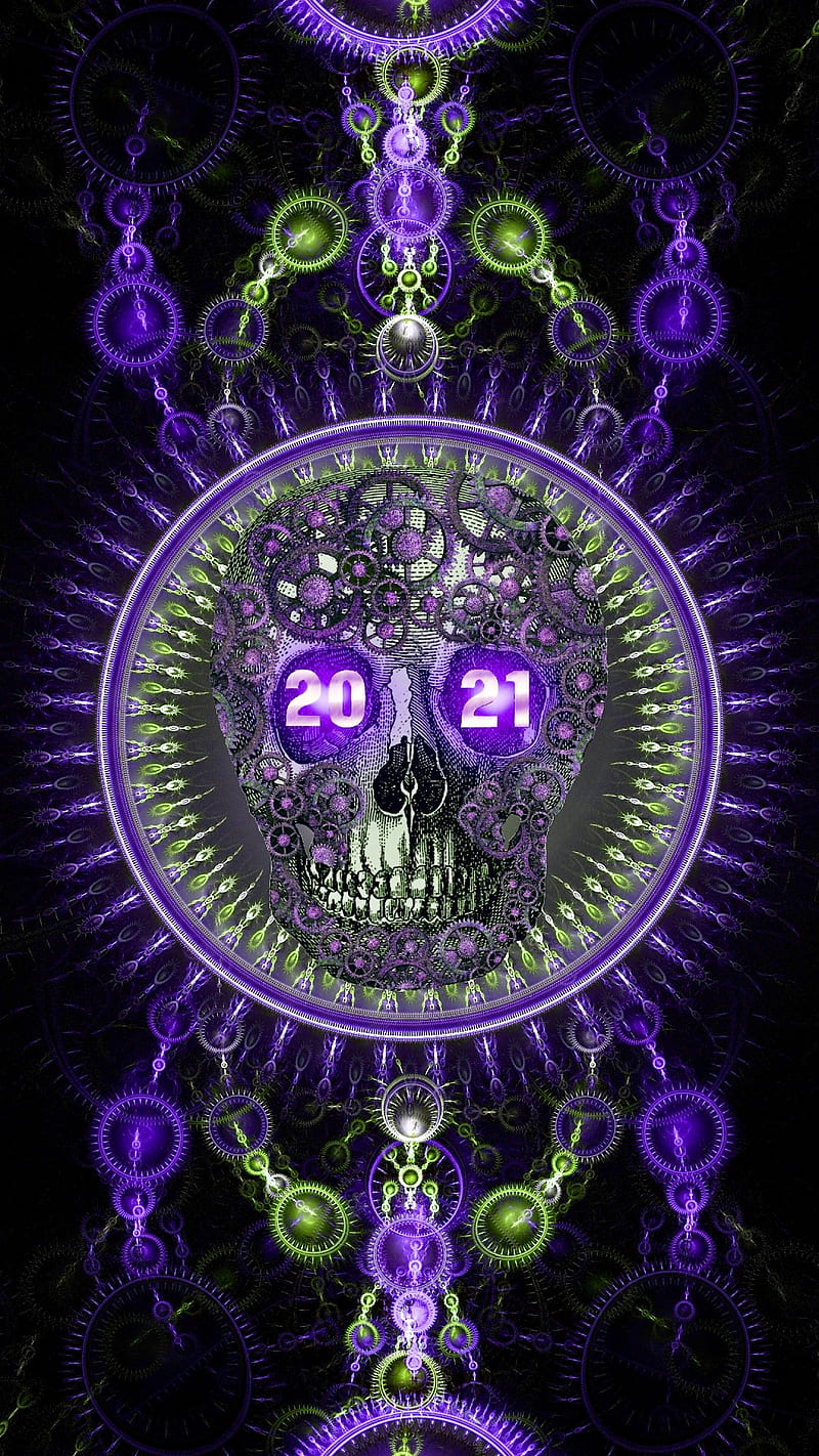 2021 Steampunk Skull, 2021, New Year, New Year , gears, holiday , mechanical, purple and green, skull, skull , steampunk, HD phone wallpaper