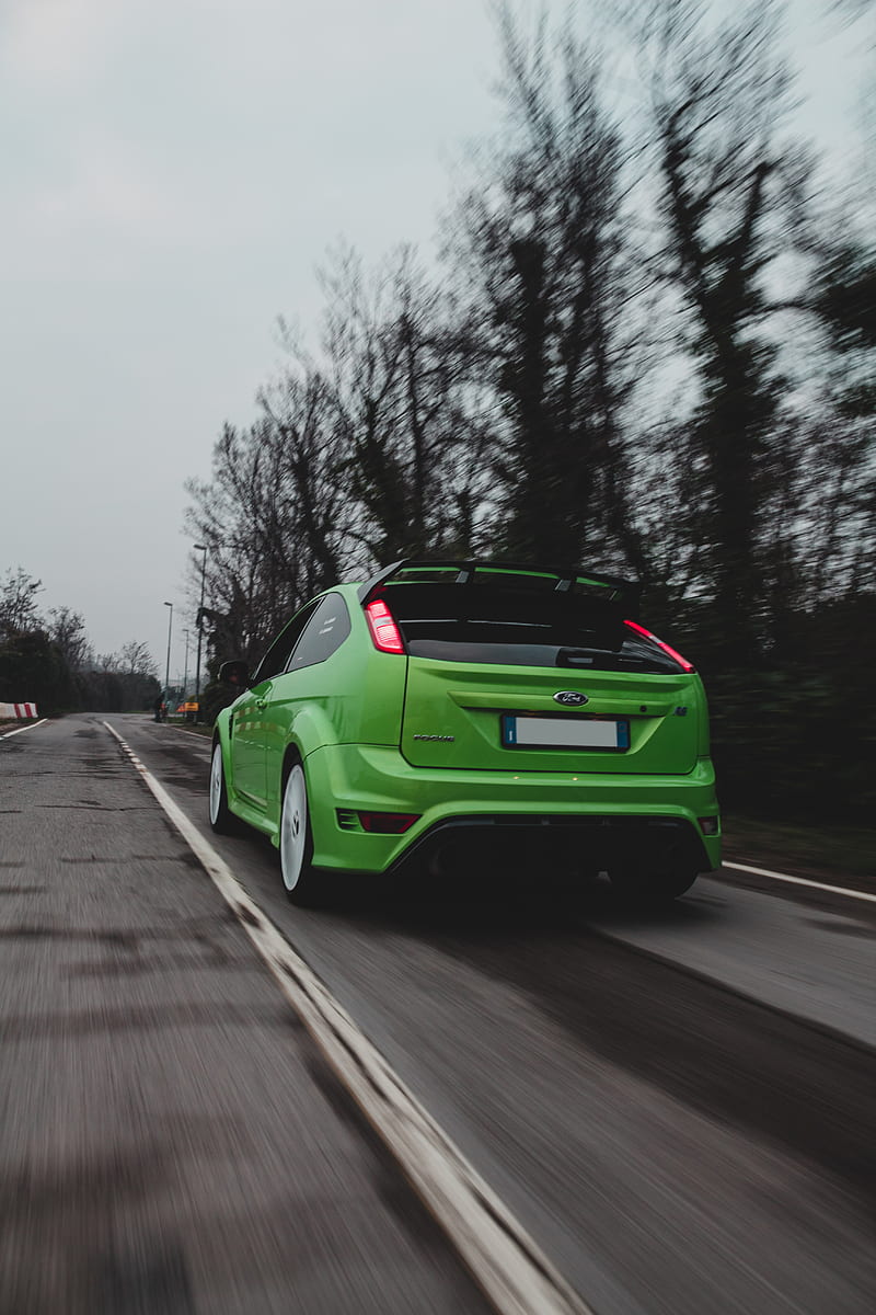 ford focus, ford, car, green, road, speed, HD phone wallpaper