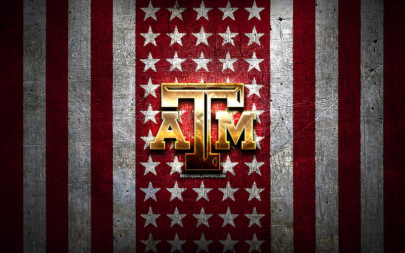 Texas AM Aggies flag, NCAA, purple white metal background, american football team, Texas AM Aggies logo, USA, american football, golden logo, Texas AM Aggies, HD wallpaper