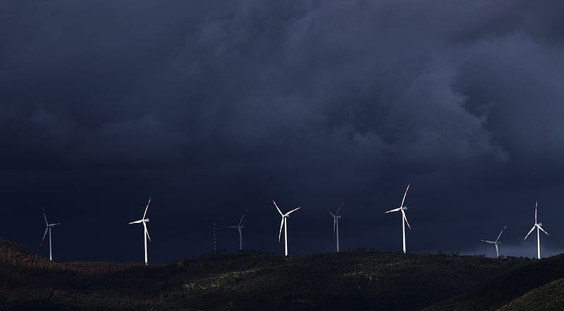 wind turbines on hill under gray sky, HD wallpaper