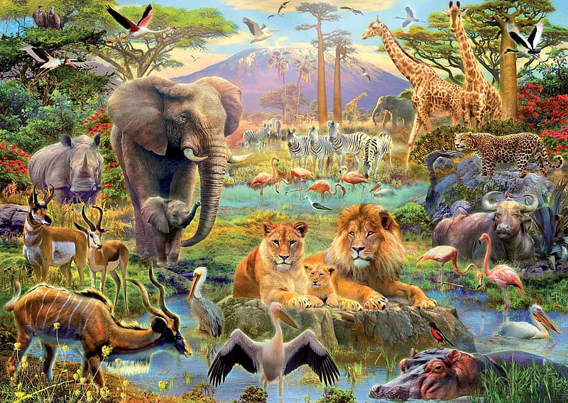 African animals, elephant, jungle, puzzle, lion, africa, HD wallpaper