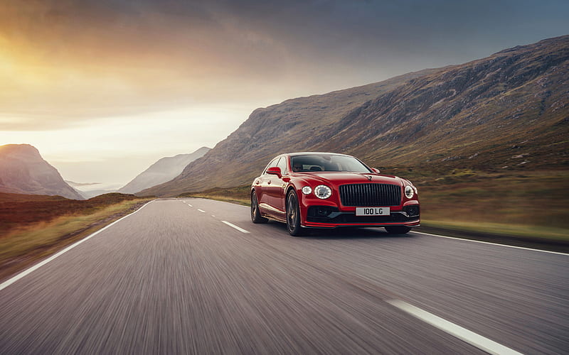 Bentley Flying Spur, 2021, front view, exterior, red sedan, new red Flying Spur, British cars, Bentley, HD wallpaper