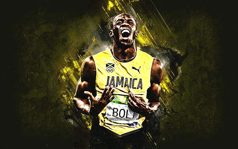 Usain Bolt, Jamaican athlete, Jamaican runner, Olympic champion, yellow stone background, Usain Bolt art, HD wallpaper