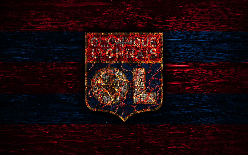Olympique Lyon FC, fire logo, Ligue 1, red and blue lines, french football club, grunge, football, soccer, logo, Olympique Lyonnais, wooden texture, France, HD wallpaper