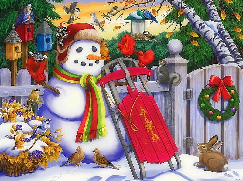 Frosty Friends, sleigh, Christmas, holidays, snoman, New Year, love four seasons, birds, attractions in dreams, birdhouses, xmas and new year, winter, cardinals, snow, winter holidays, HD wallpaper
