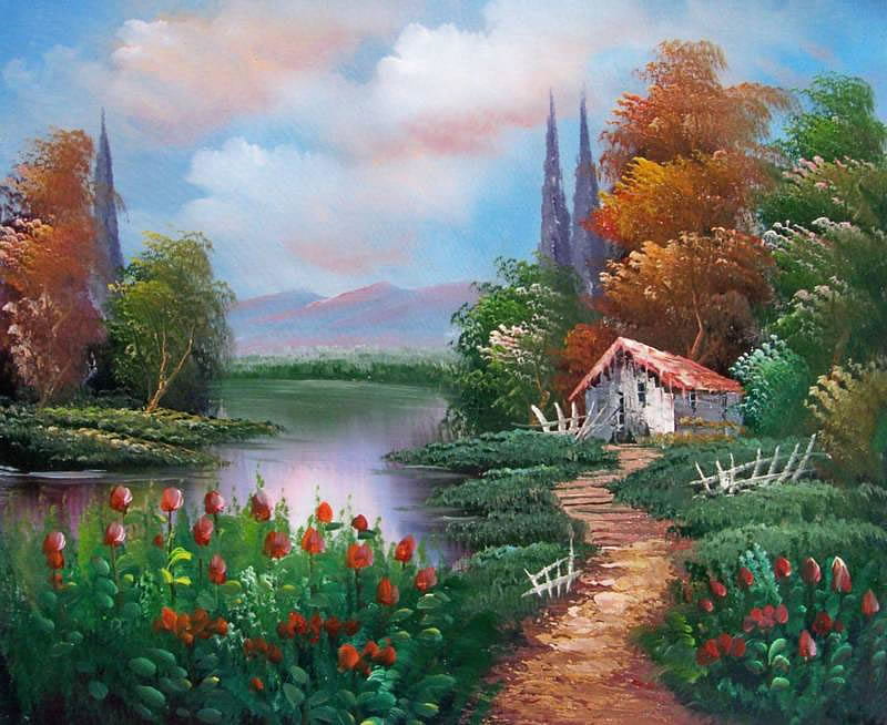 Maybe Some Day, wanting, cottage, home, tulips, lake, scene, HD wallpaper