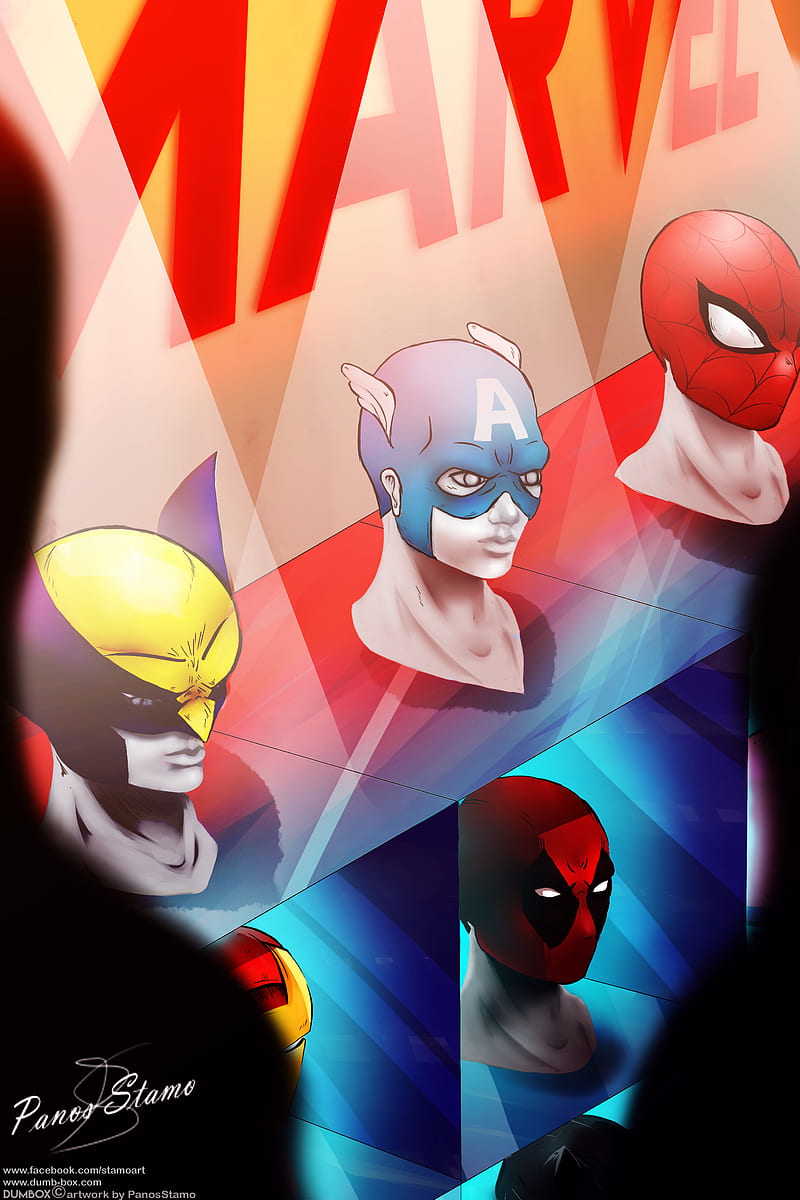 Marvel Comics, artwork, Deadpool, Spider-Man, Iron Man, Captain America, PanosStamo, comics, comic art, red, blue, yellow, mask, Wolverine, Wade Wilson, HD phone wallpaper