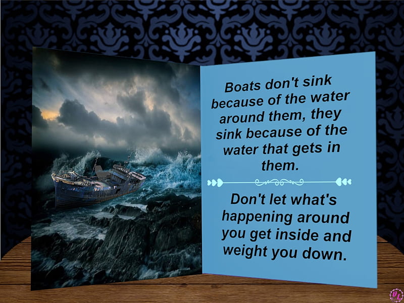 Boats Sink, Card, storm, stormy, weather, water, message, boat, card on table, Computer Graphics, nature, Greeting Card, blue, rocks, digital arts, encouraging, words, quote, outside, HD wallpaper