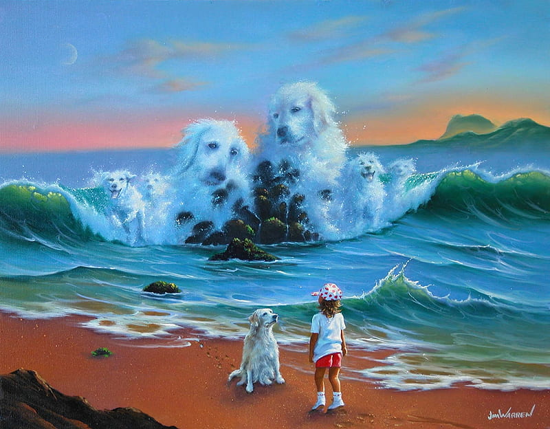 Canine companions, art, luminos, caine, sea, wave, beach, jim warren, boy, painting, summer, child, white, pictura, blue, HD wallpaper