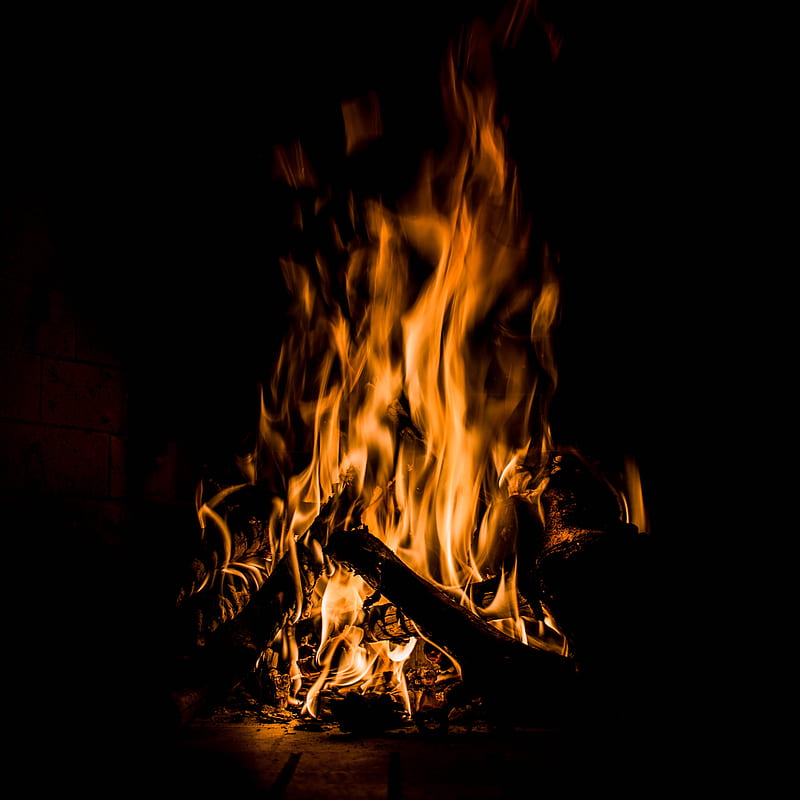 bonfire, fire, flame, burning, dark, firewood, HD phone wallpaper
