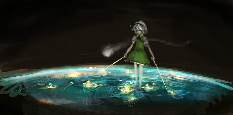 Youmu Konpaku, swords, green eyes, green skirt, green blouse, duel swords, anime, katana, touhou, silver hair, HD wallpaper