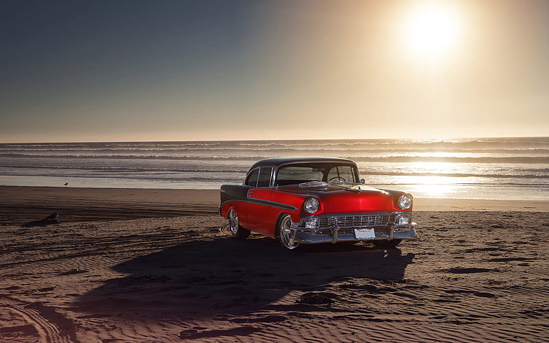 Chevrolet Bel Air, 1956, red luxury coupe, retro cars, American vintage cars, car on the beach, ocean, sunset, Chevrolet, HD wallpaper