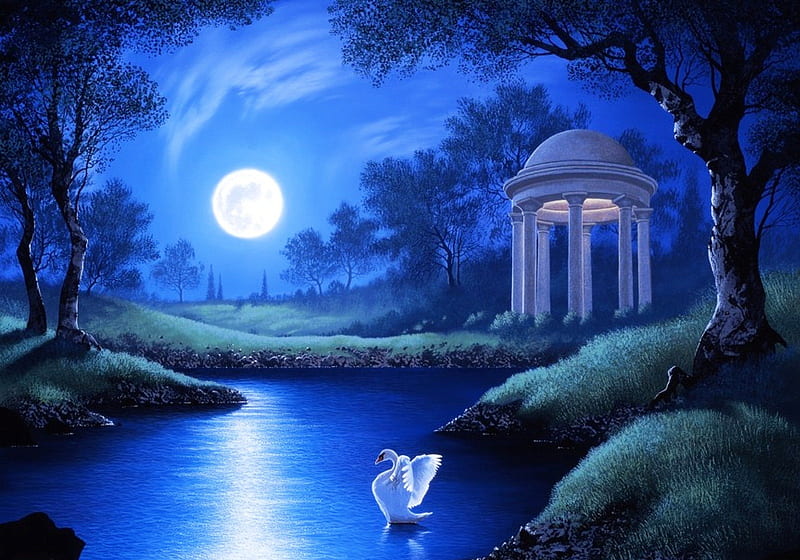 ✫Swan Night of the Full Moon✫, silent, stunning, attractions in dreams, bonito, swan, clouds, sea, paintings, animals, night, moons, colors, love four seasons, places, creative pre-made, sky, trees, cool, paradise, beaches, garden, nature, gazebo, HD wallpaper