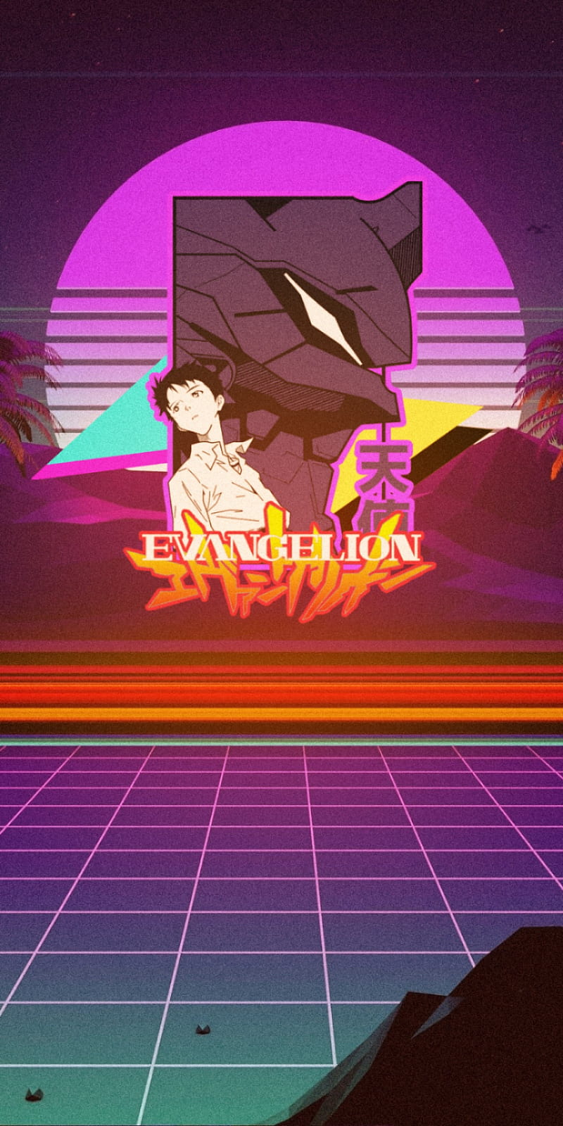 Shinji outrun, 80s, anime, asuka, evangelion, iphone, mari, rei, HD phone wallpaper